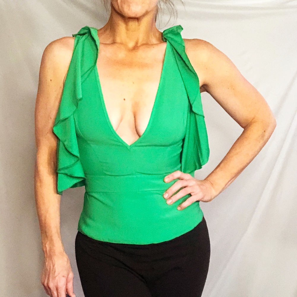 Small Kelly Green Deep Plunging Flutter Sleeve Top
